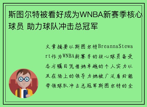 斯图尔特被看好成为WNBA新赛季核心球员 助力球队冲击总冠军