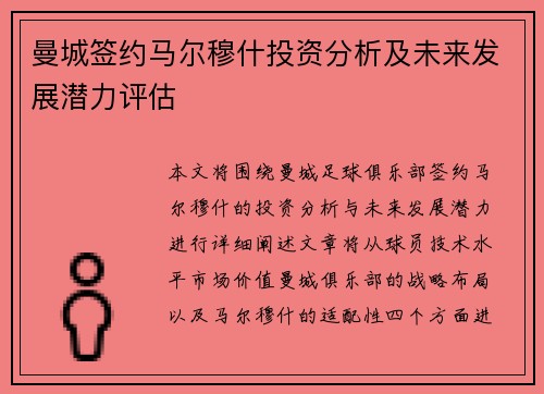 曼城签约马尔穆什投资分析及未来发展潜力评估