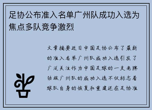 足协公布准入名单广州队成功入选为焦点多队竞争激烈